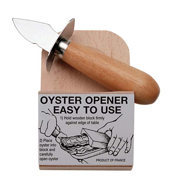 Front view of Oyster Opener Beechwood showing stainless steel blade, beechwood handle, and wooden board with EASY TO USE text