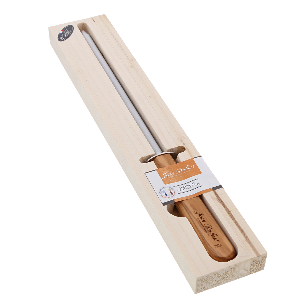Angled view of Olive Wood Honing Rod showcasing forged stainless steel rod and olive wood handle in wooden packaging