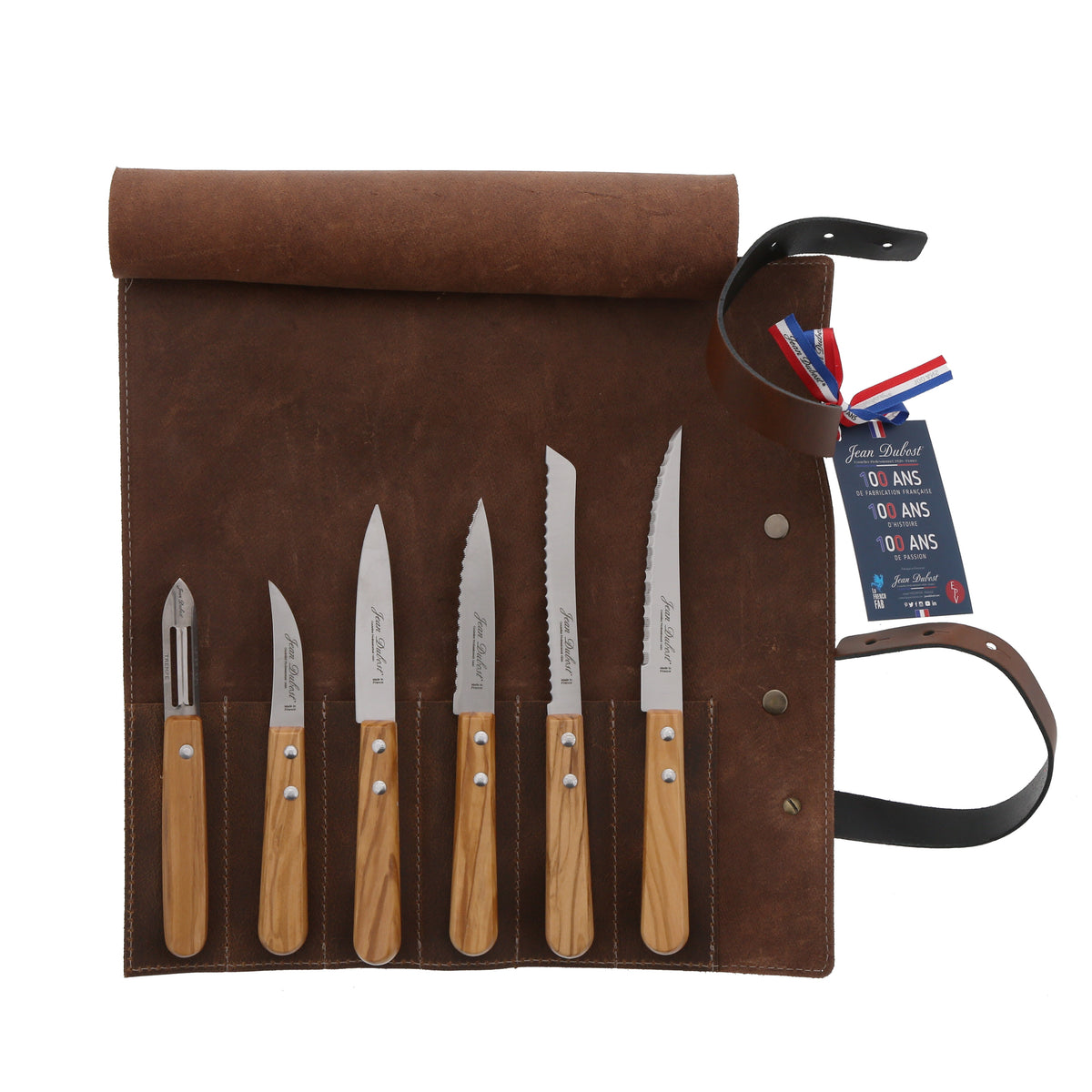Open view of Kitchen Knives Leather Pouch, Set of 6 showcasing six knives with olive wood handles in a brown leather pouch