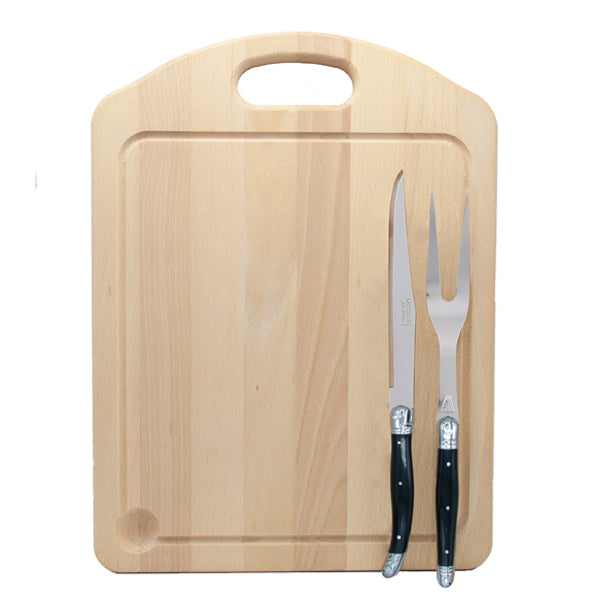 Front view of Carving Board and Carving Set with light wood board and black-handled stainless steel knife and fork