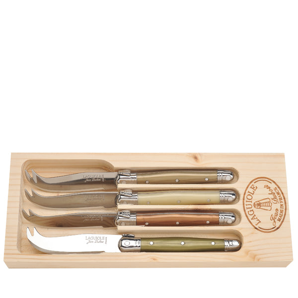 Top view of Cheese Knives in Box, Set of 4 showcasing four stainless steel blades and wooden handles in a wooden box
