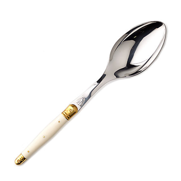 Front view of Serving Spoon showcasing polished stainless steel bowl, ivory handle, and engraved bee with white background