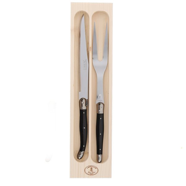 Front view of Carving Set with Black Handles showcasing stainless steel blades in a wooden presentation box