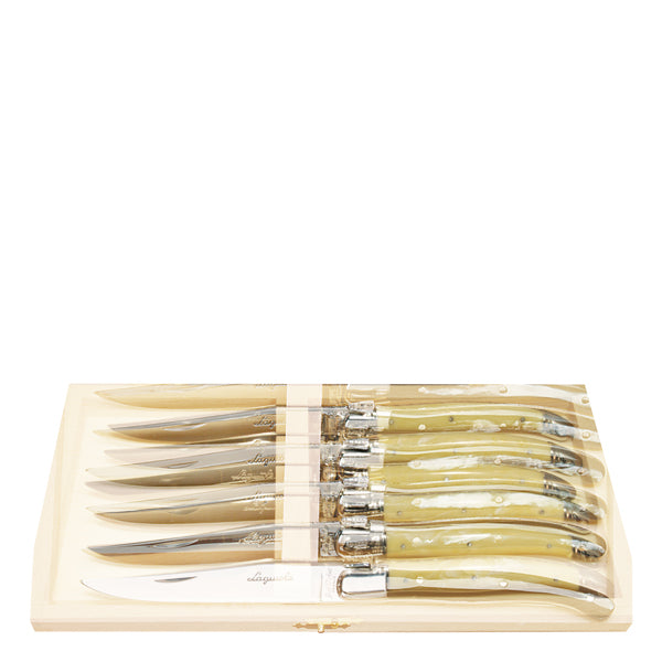 Top view of six Laguiole knives with light horn handles and stainless steel blades in a clear presentation box