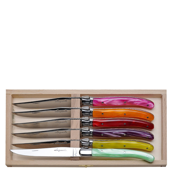 Front view of multicolor set of 6 Laguiole knives showcasing stainless steel blades and colorful handles in a wooden case