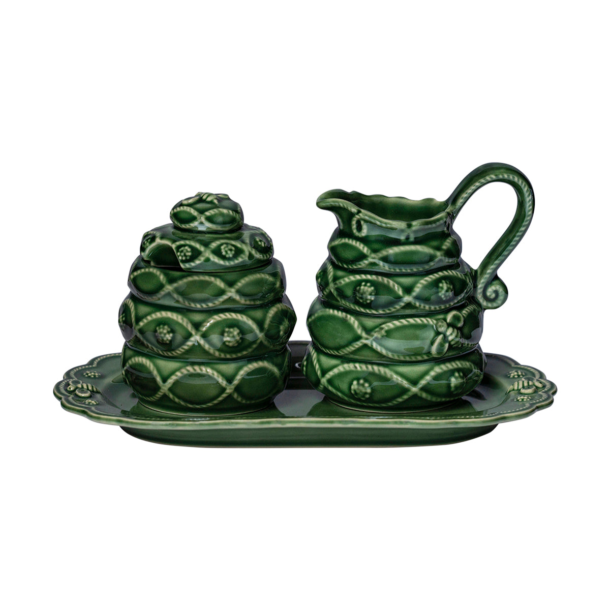 Front view of Jardins du Monde creamer and sugar set showcasing exclusive green glaze and scalloped tray on white background