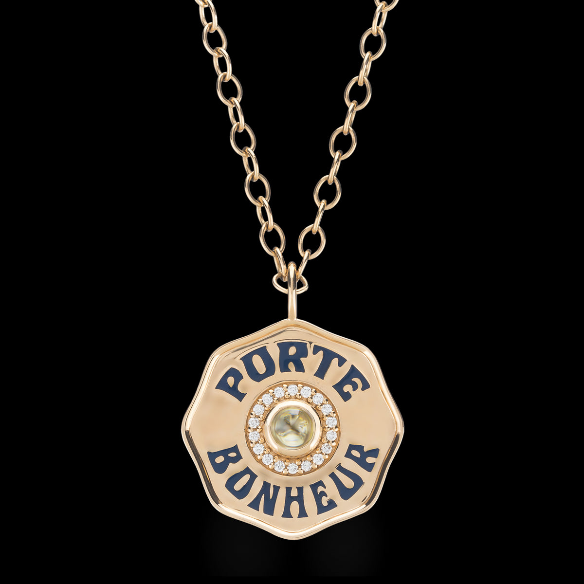 Large Enamel Porte Bonheur Necklace with Diamond Halo