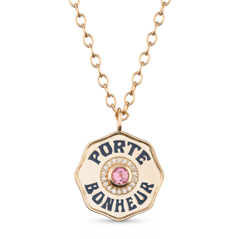 Large Gold Porte Bonheur Coin Necklace with Pink Tourmaline, Diamonds and Navy Enamel