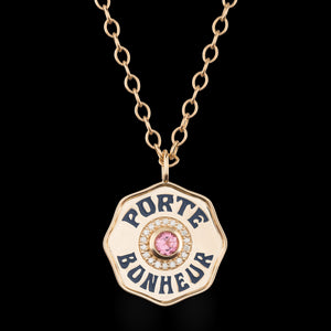 Large Gold Porte Bonheur Coin Necklace with Pink Tourmaline, Diamonds and Navy Enamel