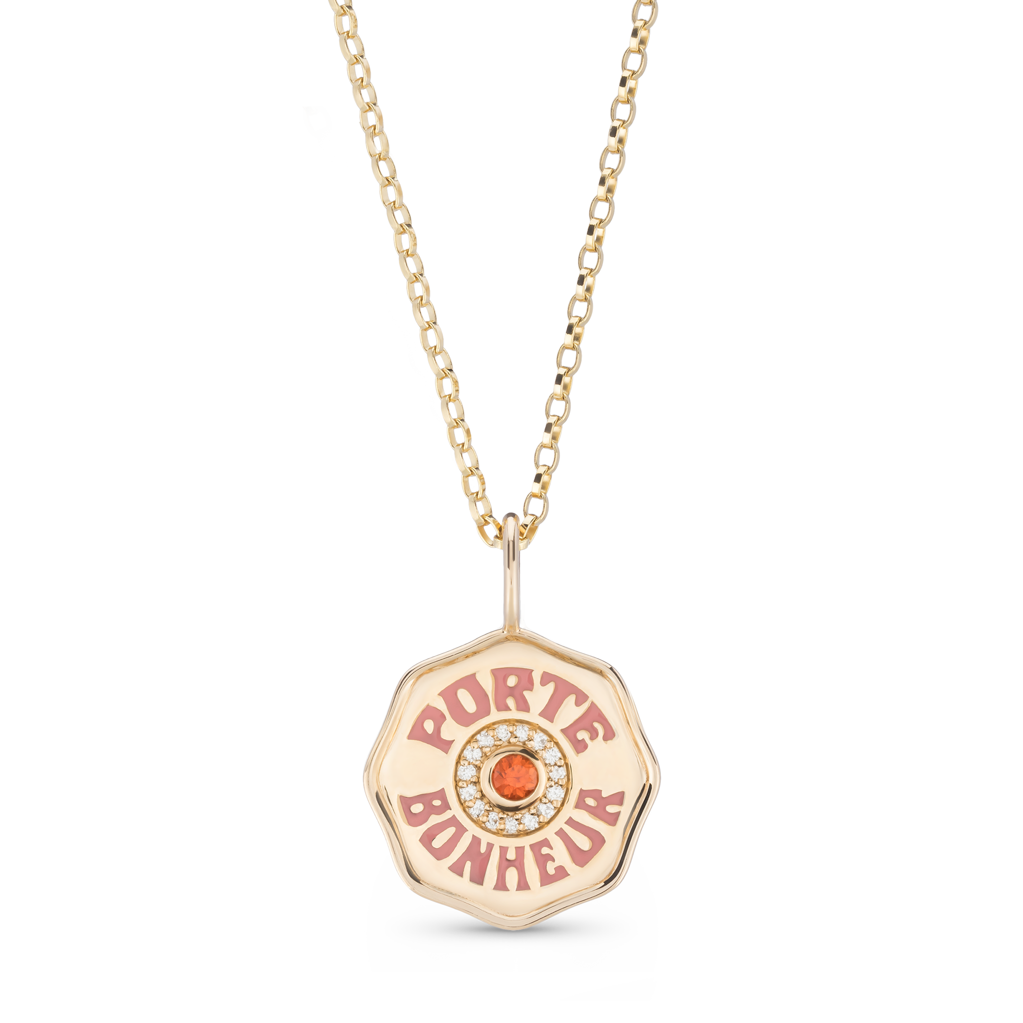 Enamel Porte Bonheur Gold Coin Necklace with Orange Sapphire and Diamonds