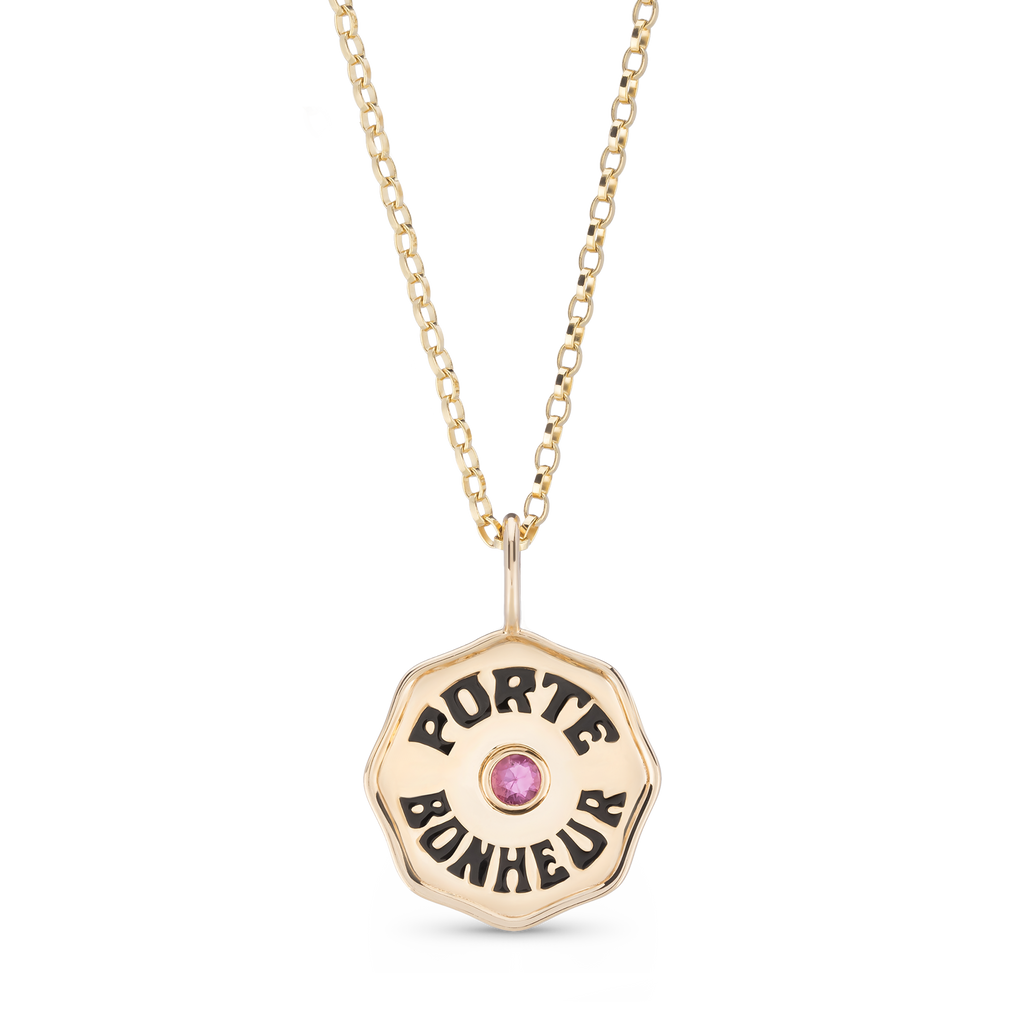 Gold Porte Bonheur Coin Necklace with Pink Sapphire and Black Enamel