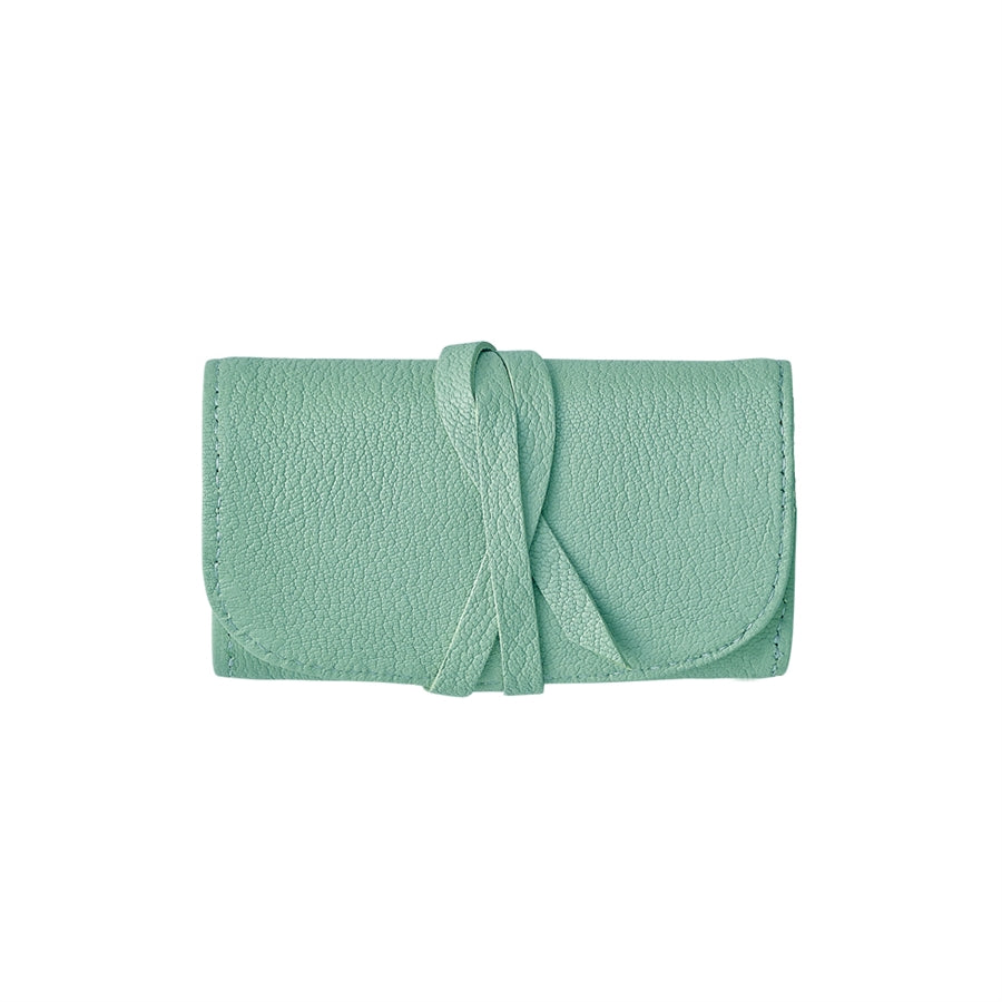 Front view of Small Leather Jewelry Roll showcasing goatskin leather texture and wrap-tie closure on white background