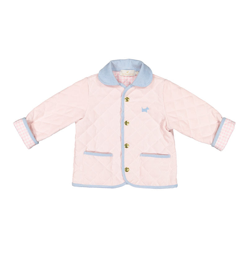 Front view of Classic Pink Quilted Jacket showcasing quilted pink fabric, blue trim, gold buttons, and gingham cuffs on white background