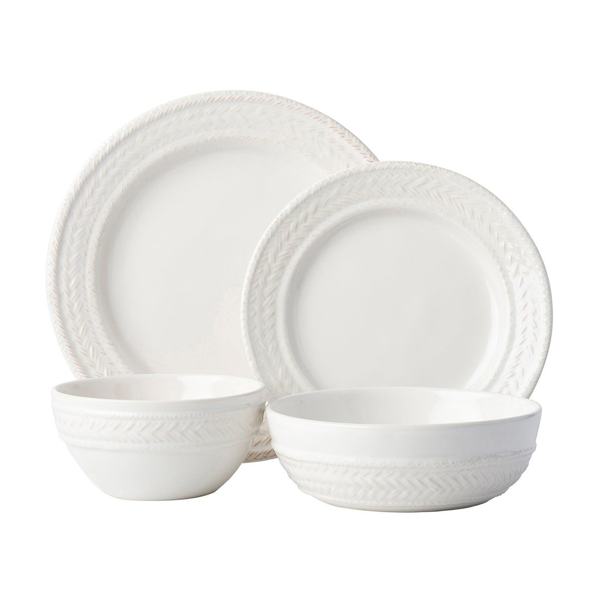 Front view of Le Panier Whitewash 4pc Place Setting showcasing four white ceramic dishes with woven-texture rims against a white background
