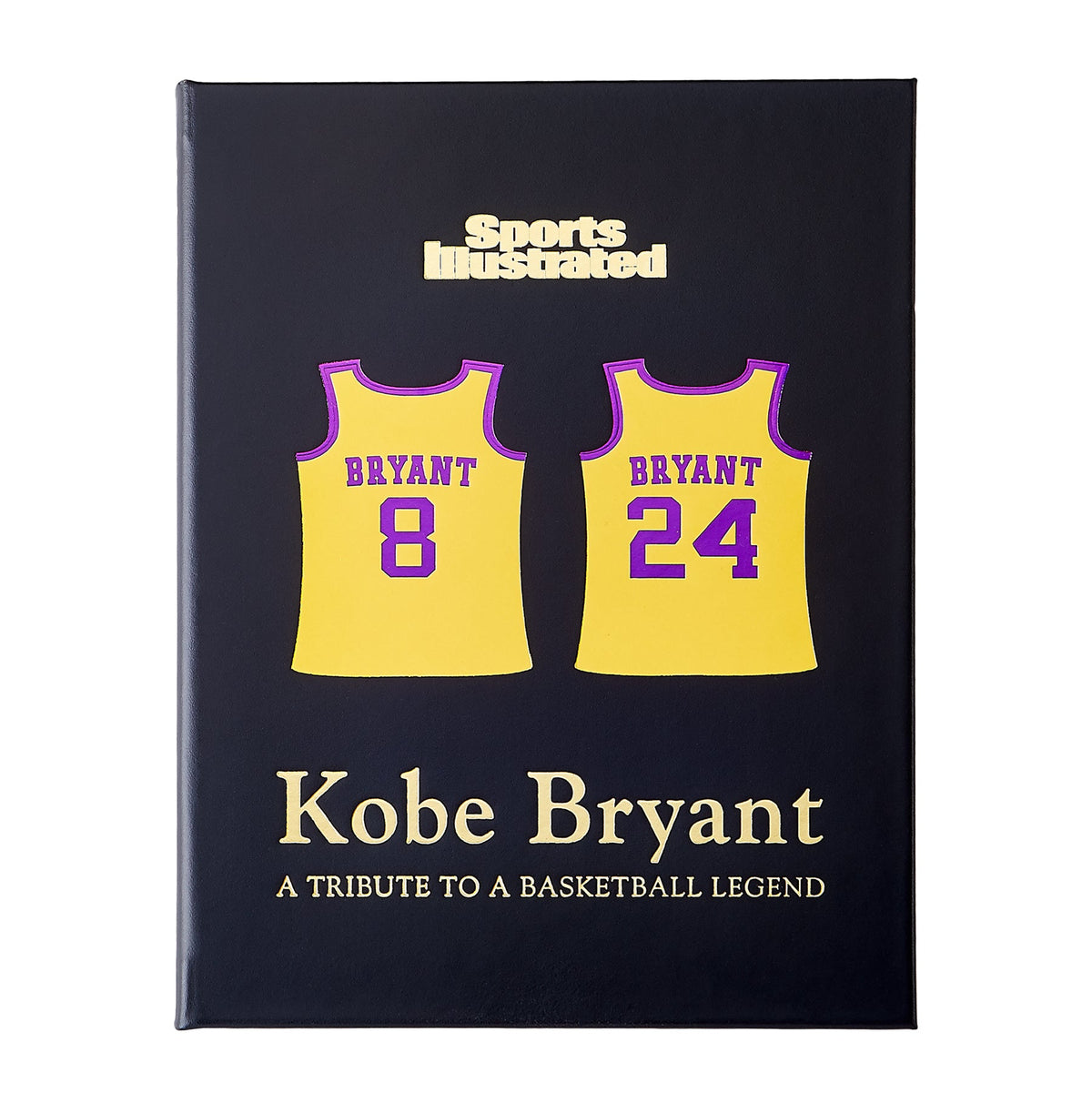 Front cover of Kobe Bryant tribute book in bonded leather, featuring Sports Illustrated and Bryant jerseys numbered 8 and 24