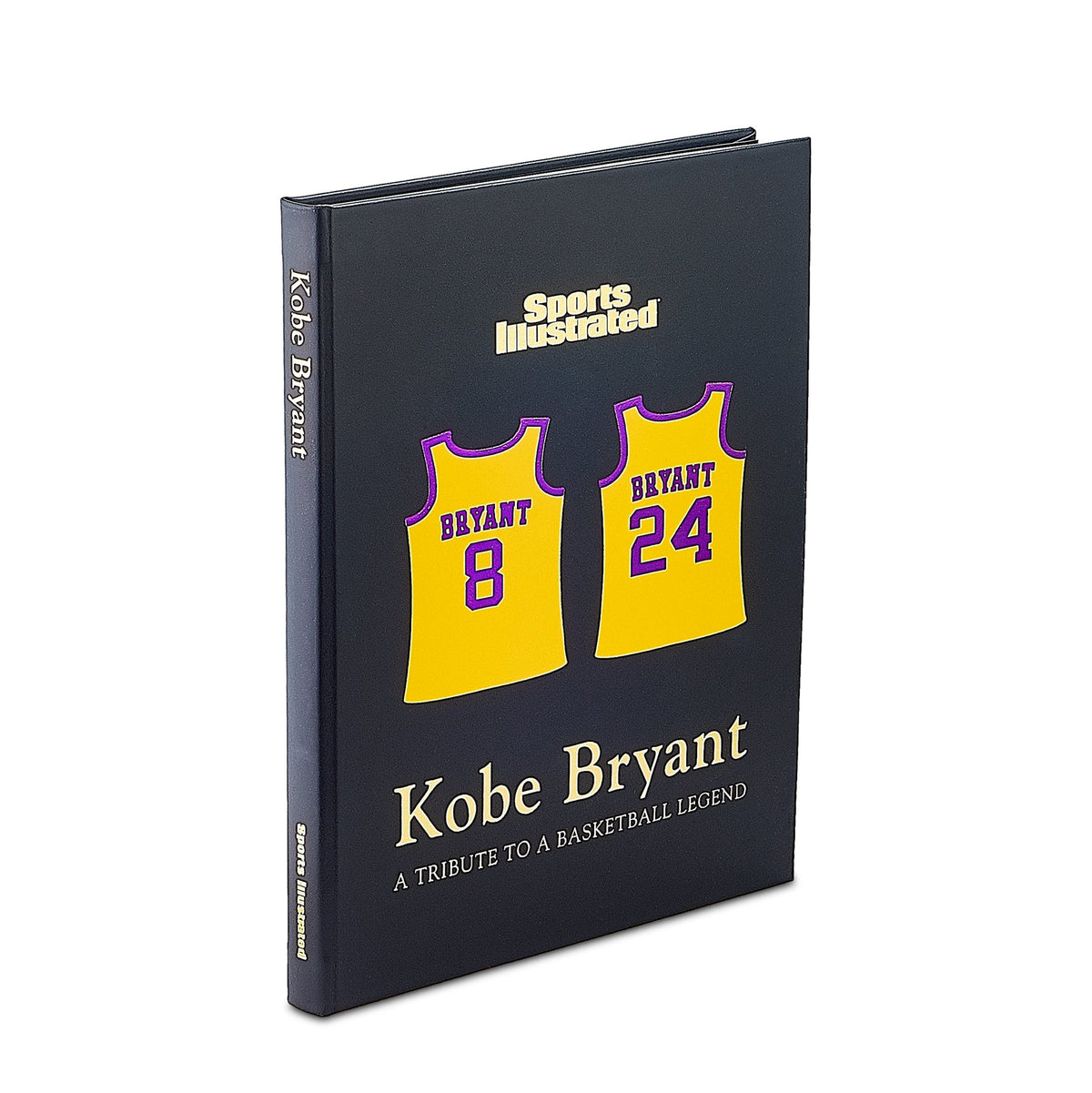 Three-quarter view of Kobe Bryant tribute book in black bonded leather, showing yellow Lakers jerseys numbered 8 and 24