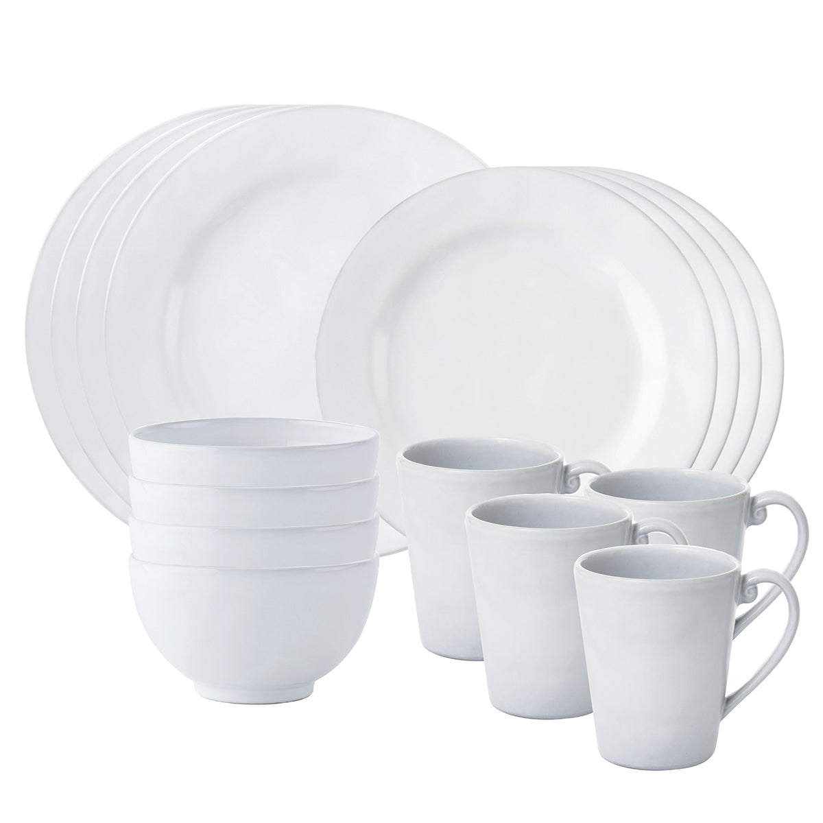Front view of Quotidien White Truffle 16 pc Set showcasing white ceramic plates, bowls, and mugs on a white background