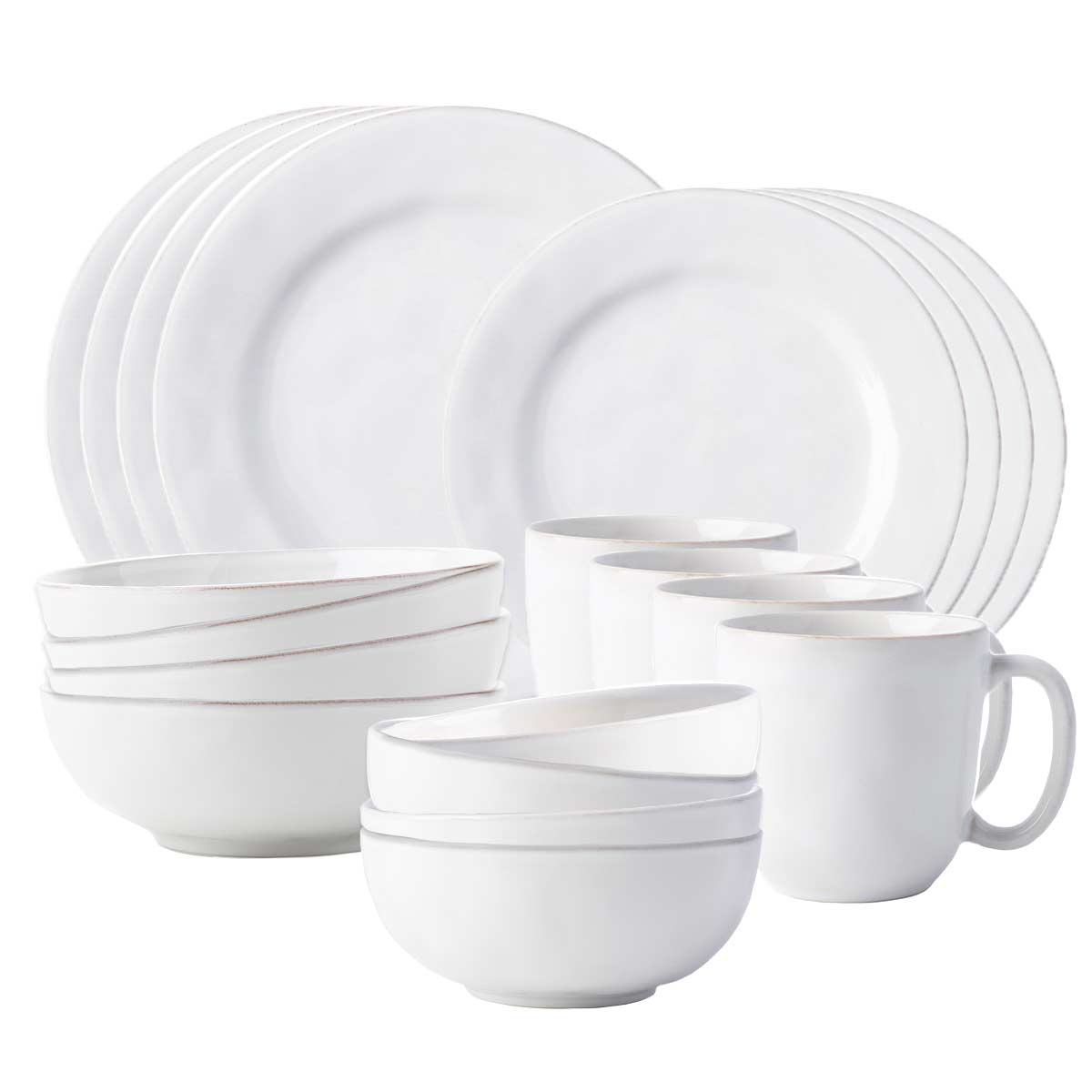 Front view of Puro Whitewash 20pc Essential Dinnerware Set showcasing plates, bowls, and cups with a white background