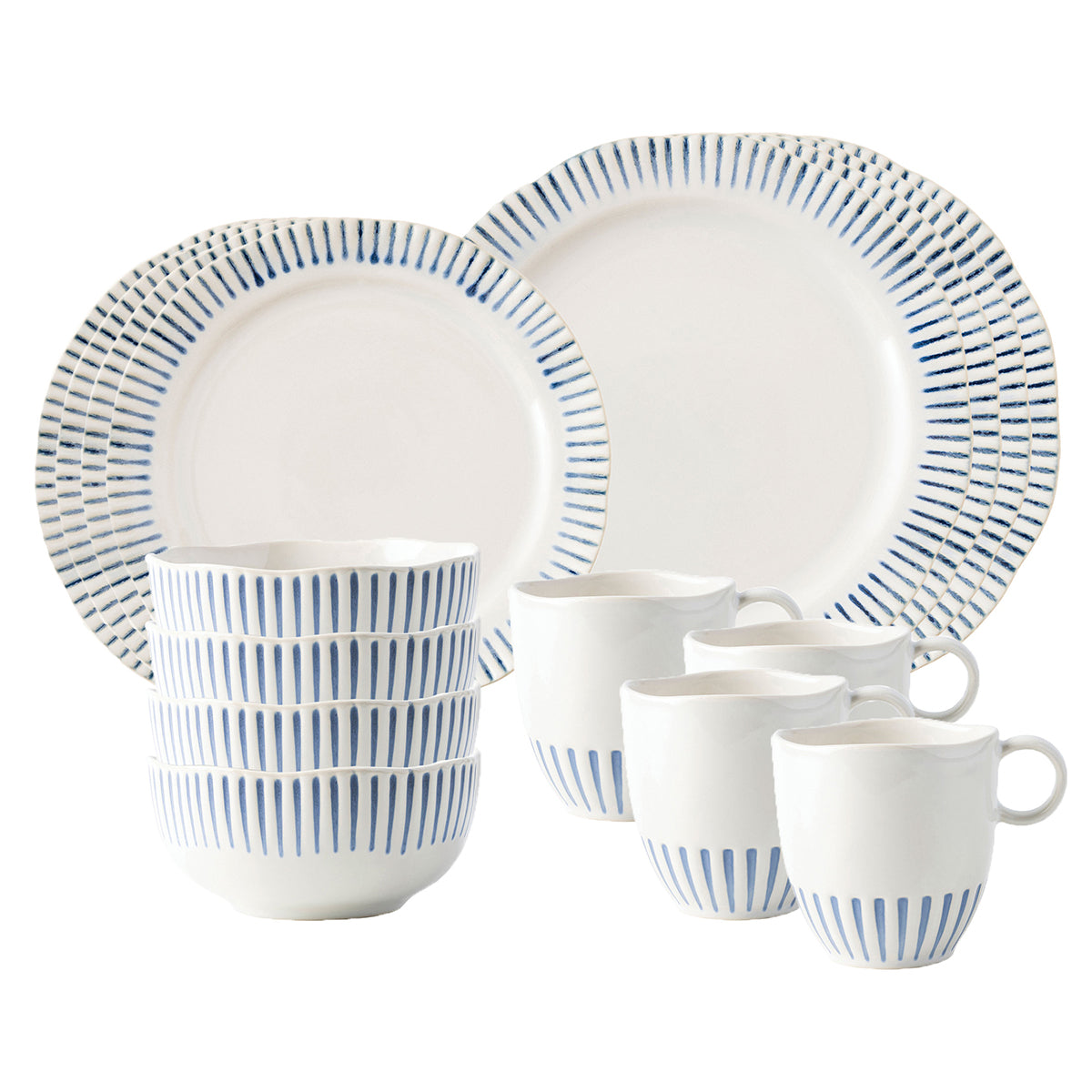 Front view of Sitio Stripe Indigo 16-Piece Set showcasing blue striped ceramic plates, bowls, and mugs on a white background