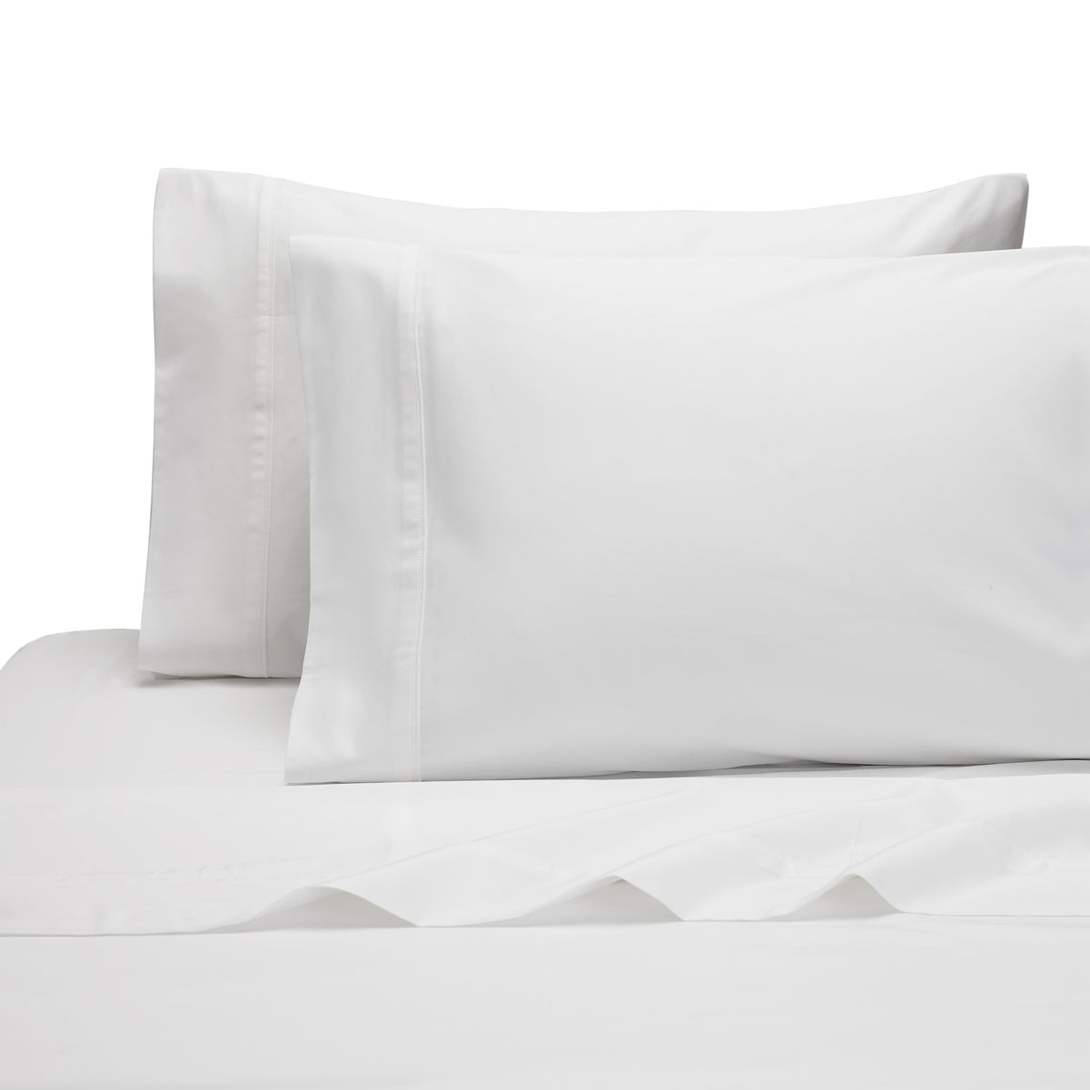 Front view of bamboo queen flat sheet and two pillowcases showcasing smooth white sateen finish on white background