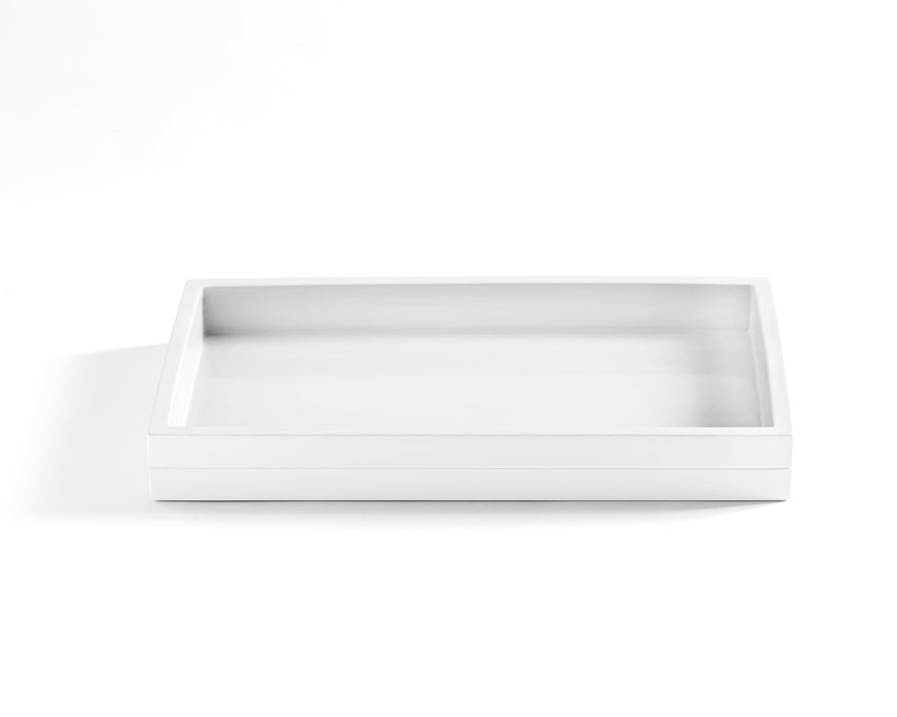 Front view of Cabana Solid Bath Tray showcasing white lacquer finish and raised edges on a white background