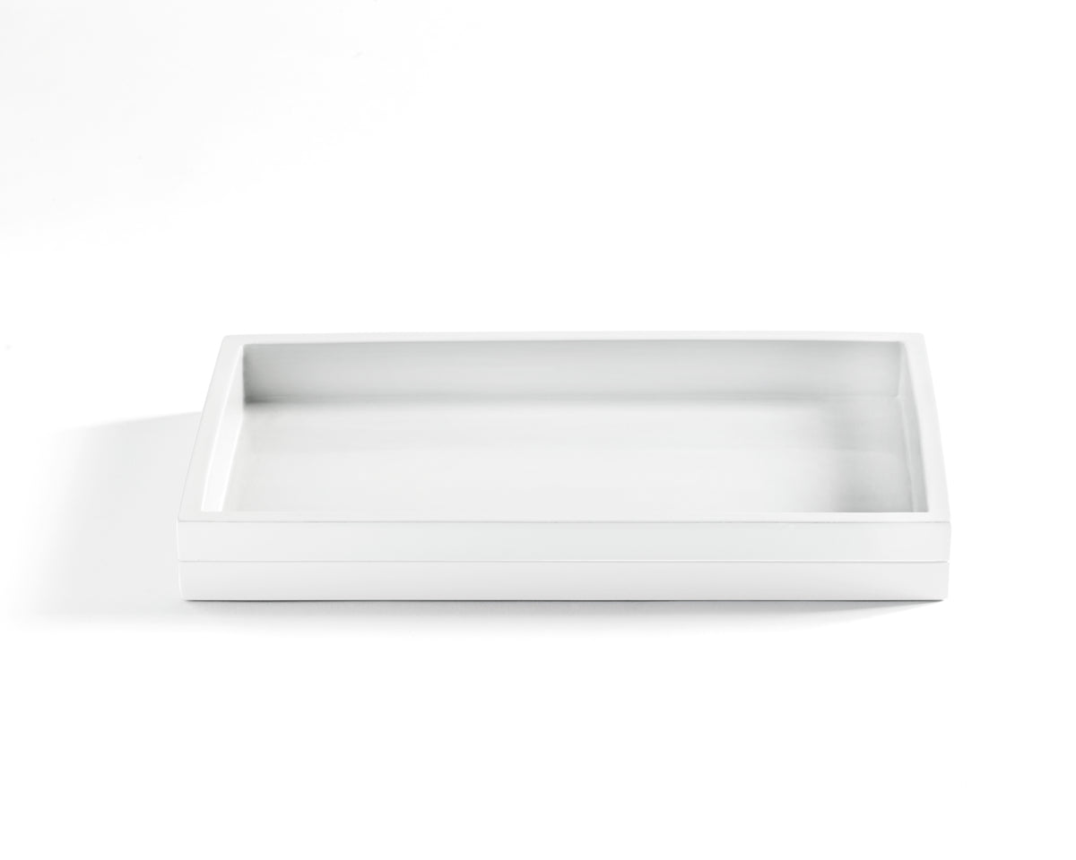 Front view of Cabana Solid Bath Tray showcasing white lacquer finish and raised edges on a white background