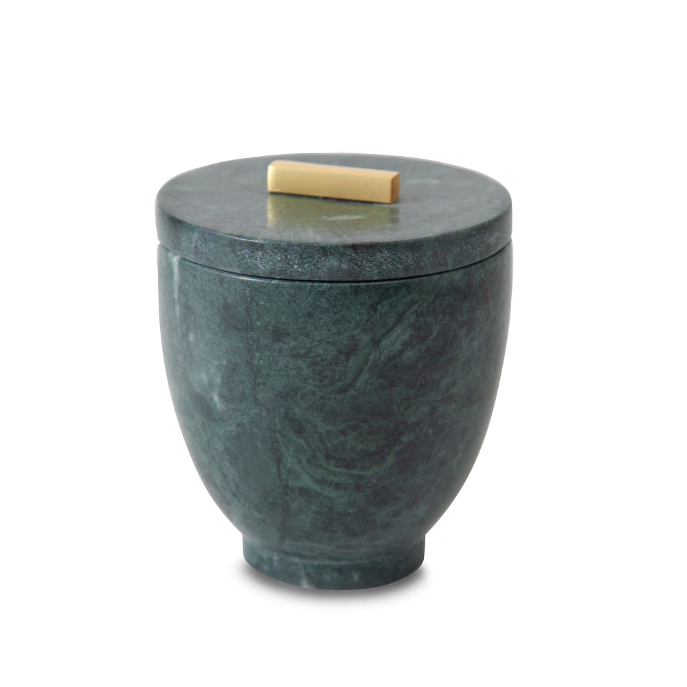 Front view of Esmeralda cotton jar showcasing deep green marble veining and gold rectangular lid handle on white background