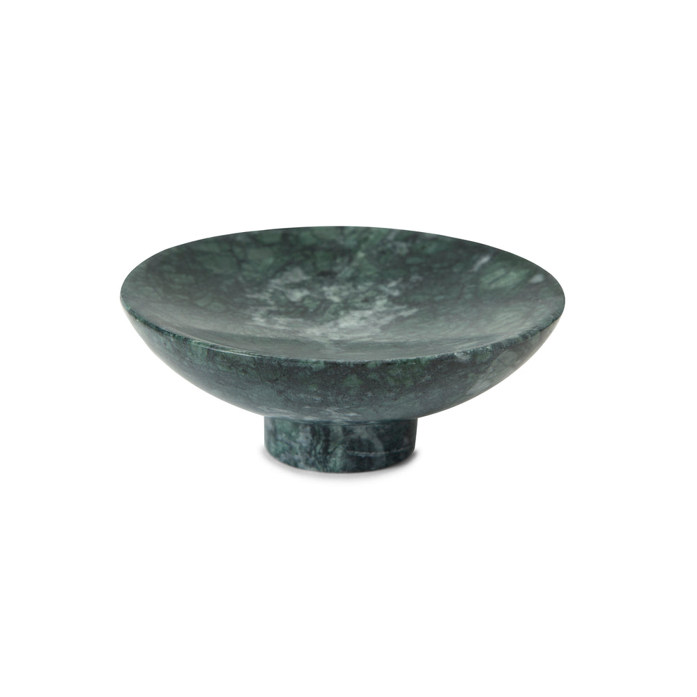 Angled top view of Esmeralda soap dish showing green marble with natural veining and short pedestal on white background