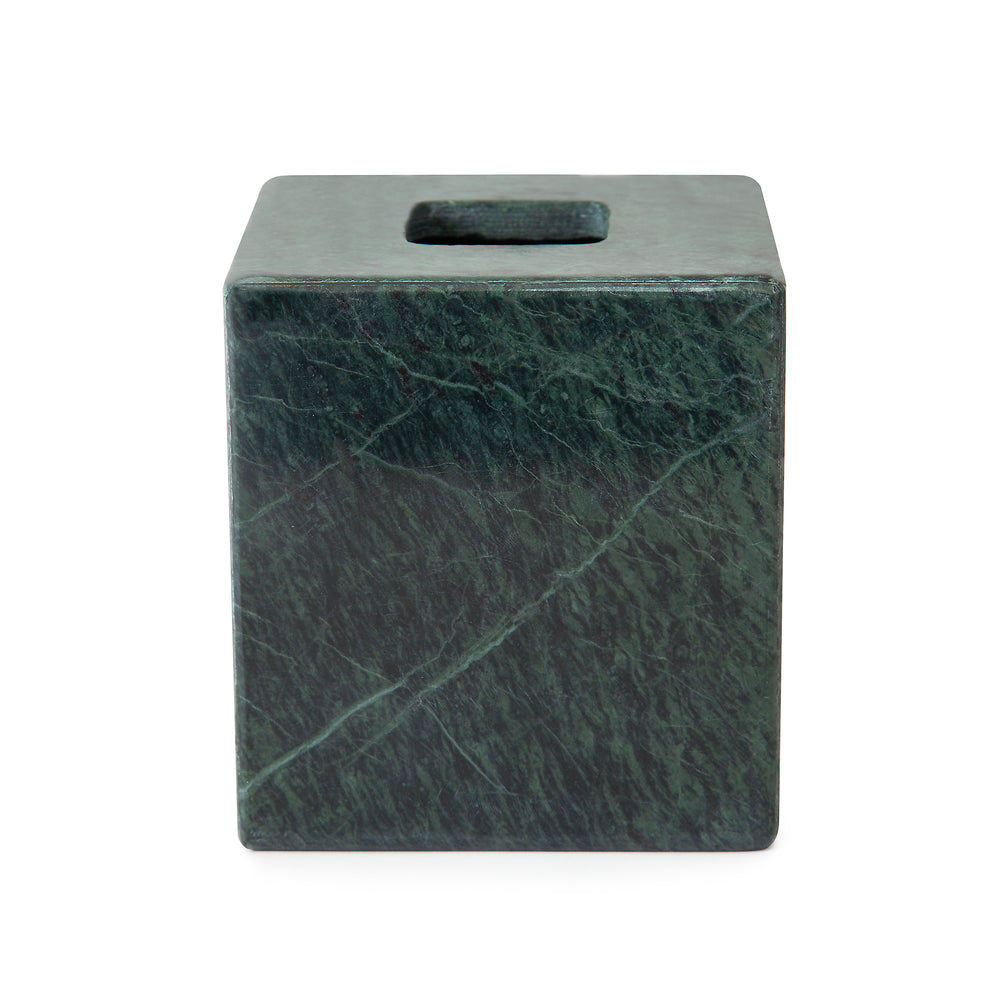 Front view of Esmeralda tissue holder showing green marble veining and a rectangular top opening on white background