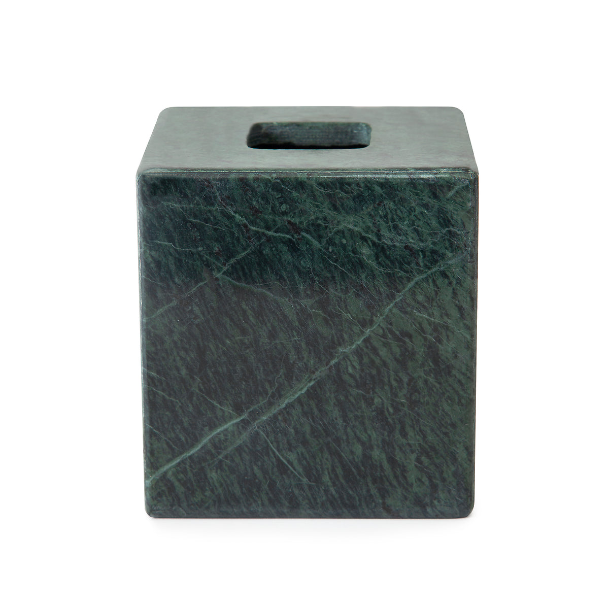 Front view of Esmeralda tissue holder showing green marble veining and a rectangular top opening on white background