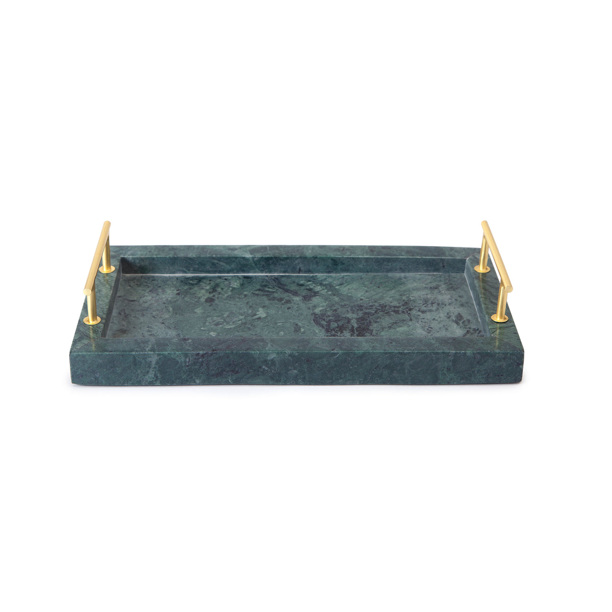 Front view of Esmeralda marble tray showcasing green veined surface and gold handles on white background