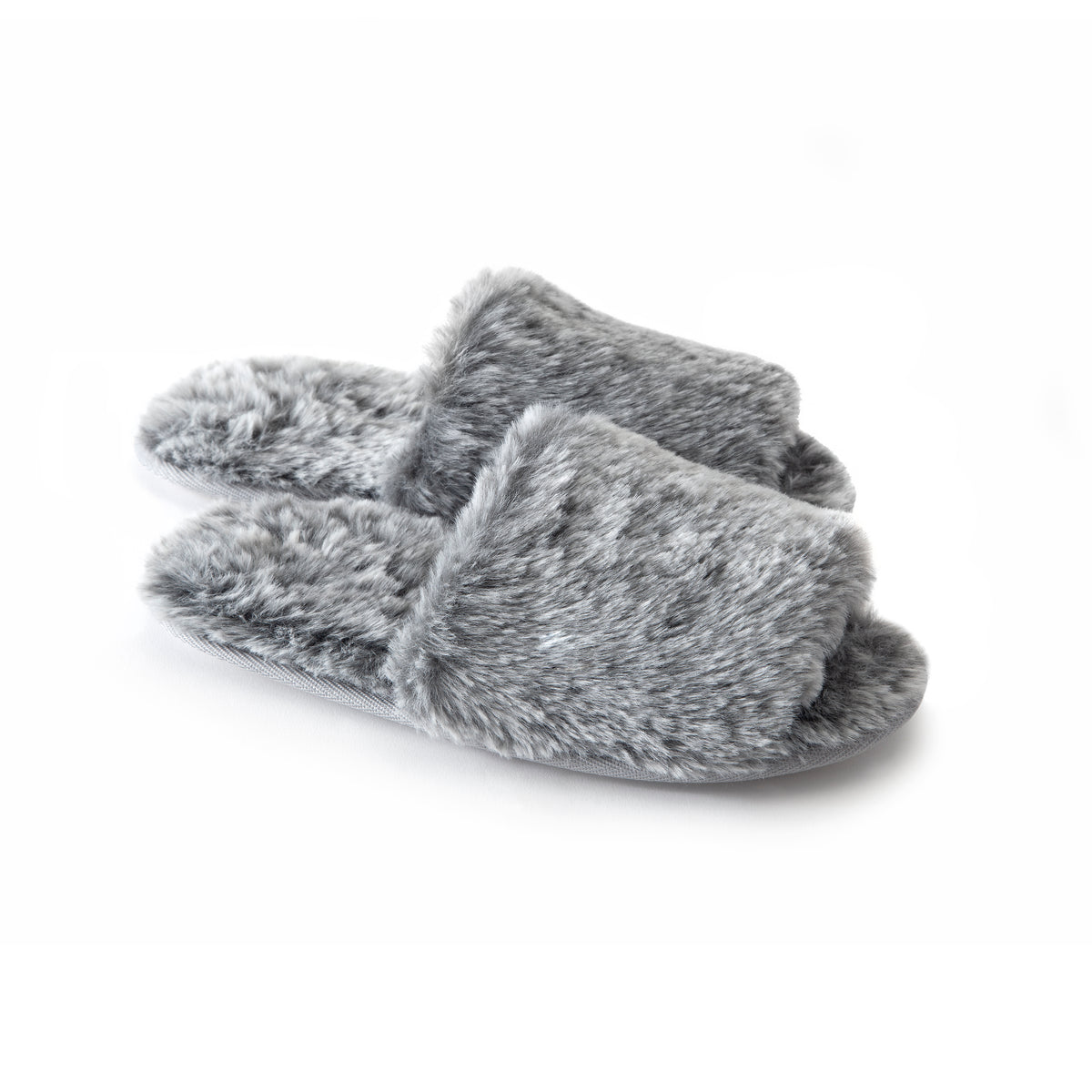 Three-quarter view of gray faux fur slippers showcasing plush faux fur upper and cushioned insole on white background