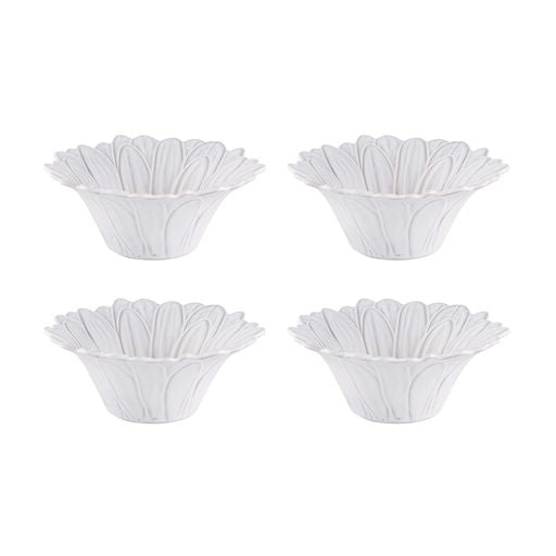 Front view of Maria Flor daisy bowls set of four showcasing scalloped petal rims and embossed floral texture on white background
