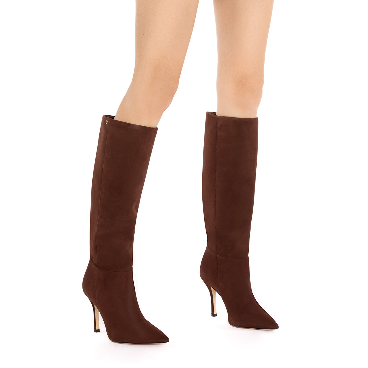 Front and side views of Kate Boot In Brown Suede showcasing knee-high shafts, pointed toes, and stiletto heels on white background
