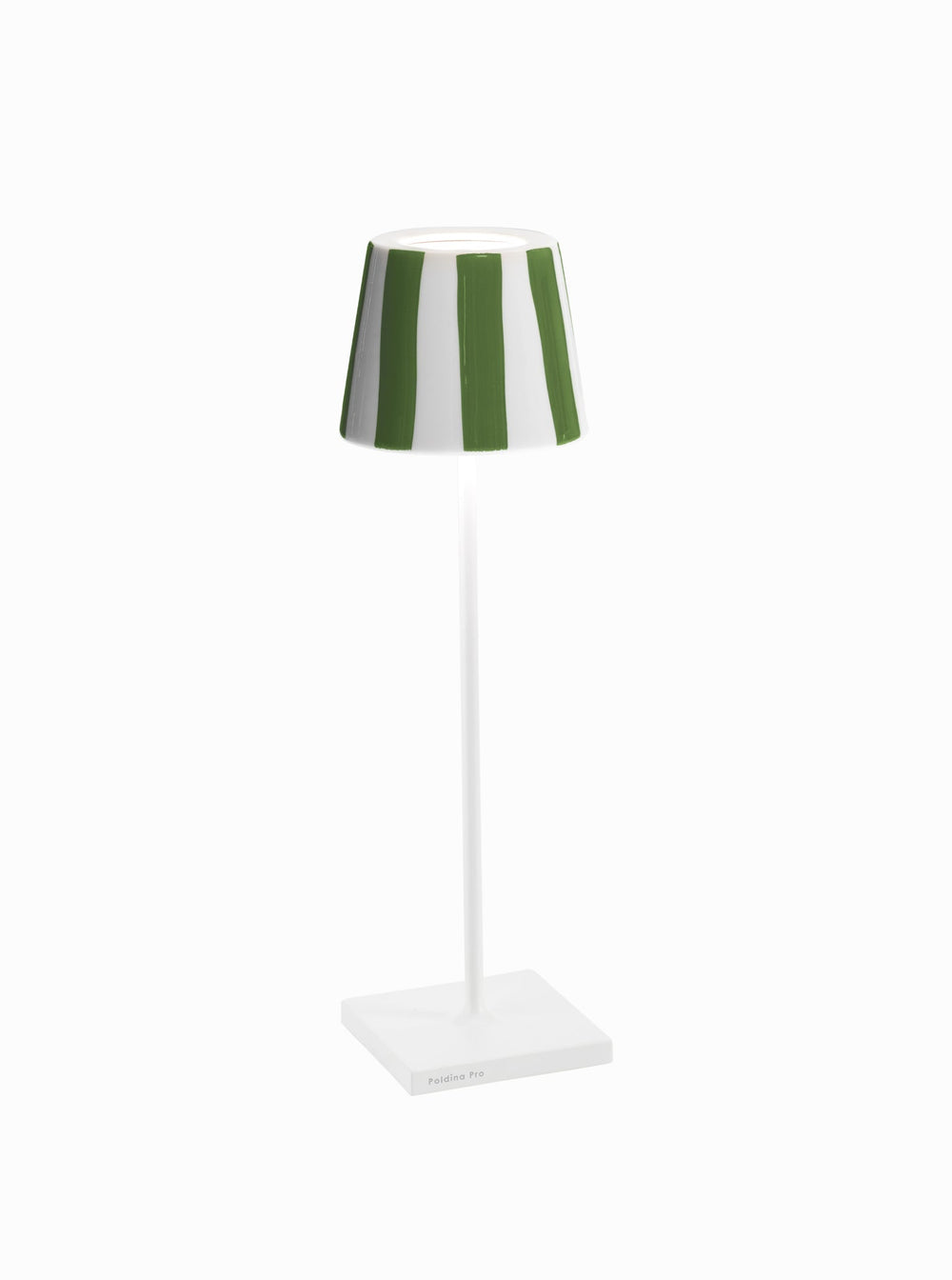 Front view of Poldina Lido table lamp with green-and-white vertical striped shade, white stem, and square base on white background