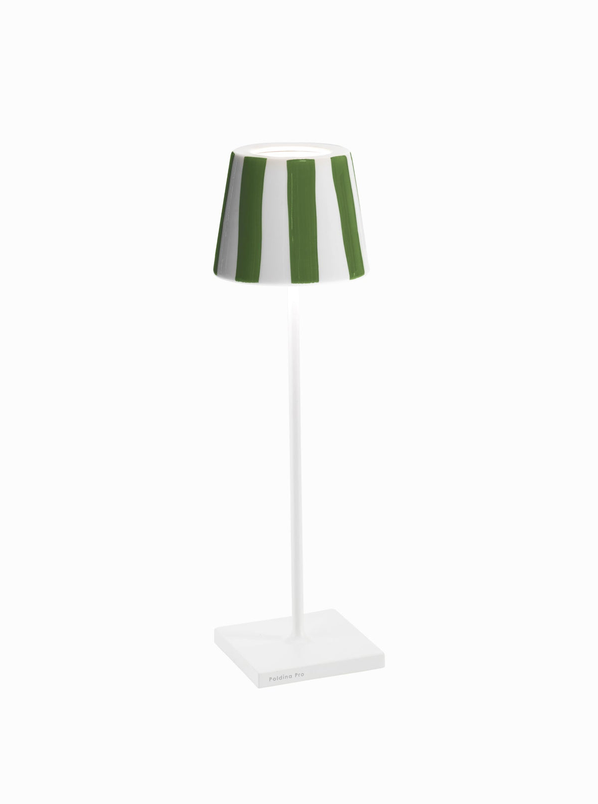 Front view of Poldina Lido table lamp with green-and-white vertical striped shade, white stem, and square base on white background
