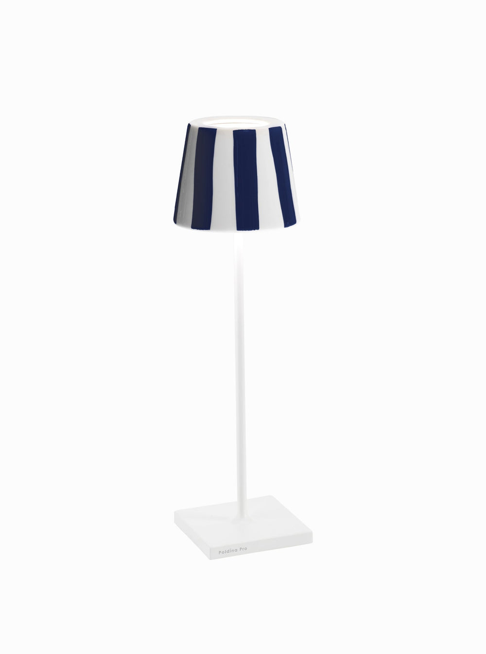 Front view of Poldina Lido lamp with navy-and-white striped shade, white stem and square base on white background