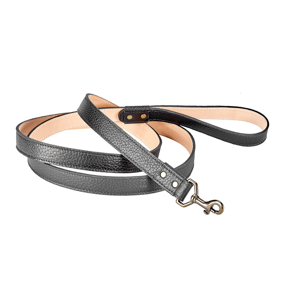 Close-up of Pebble Grain Leather Dog Leash showcasing black pebble grain leather, antique brass latch, and handle with white background
