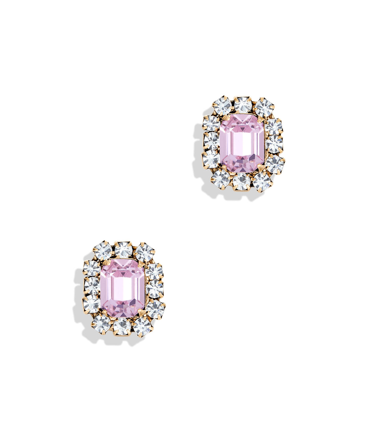 Front view of Tati Studs in Light Rose showcasing pink and clear hand-set crystals with an antiqued gold finish on white