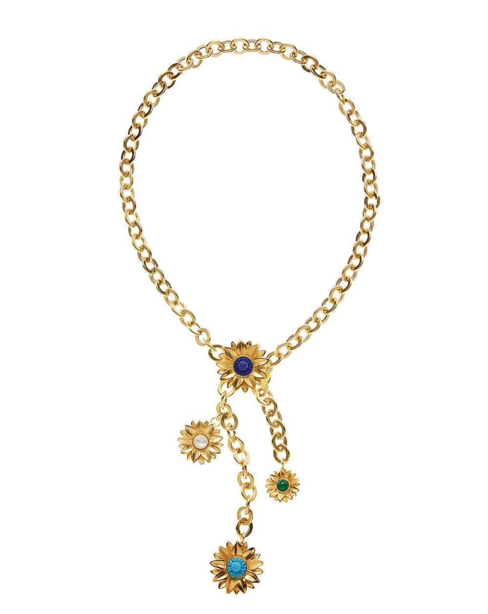 Front view of Limoncello Cascade Necklace with gold chain and cascading flower charms set with lapis and turquoise on white