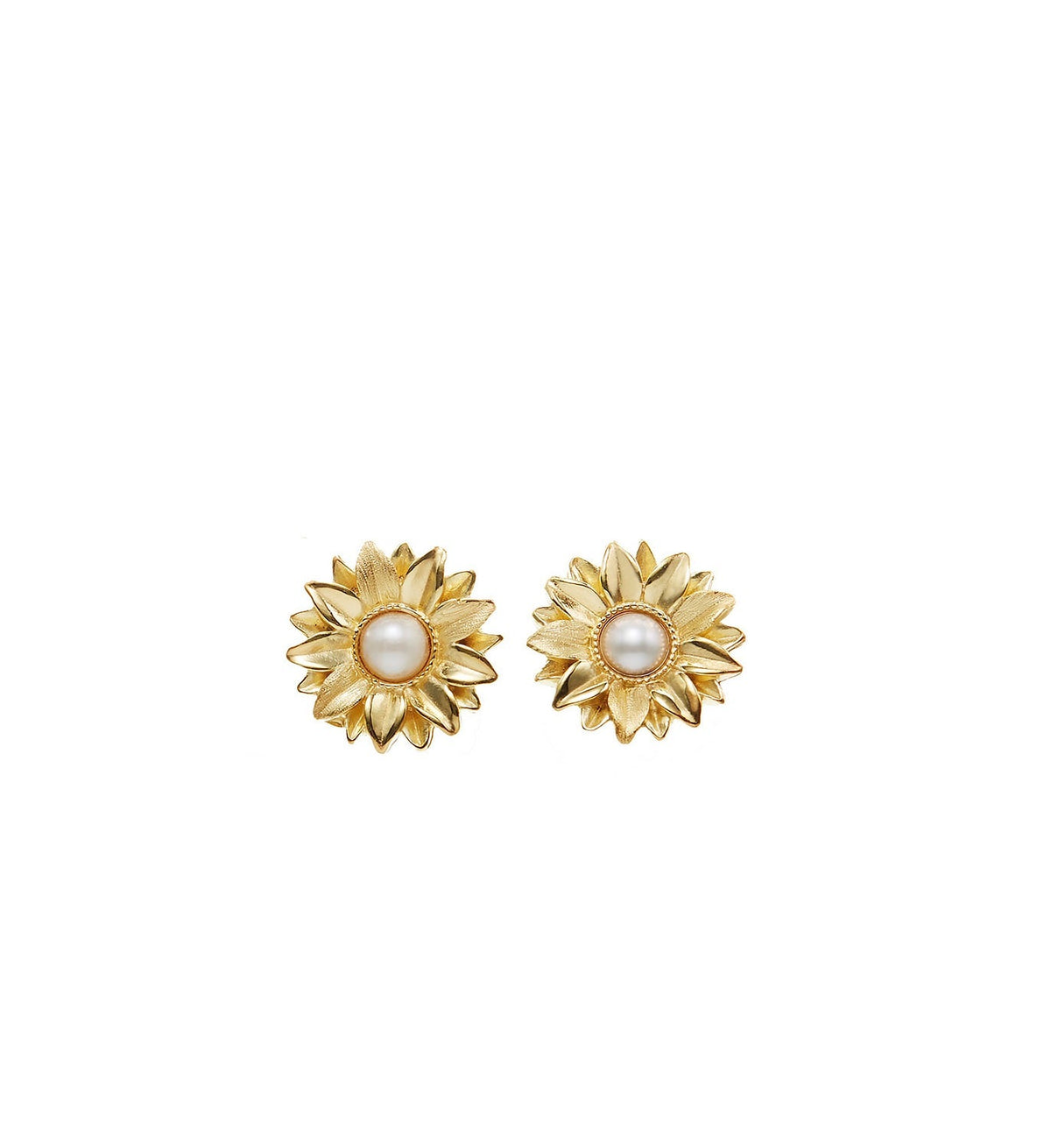 Front view of The Limoncello Micro Earrings showcasing polished petals and natural freshwater pearls on a white background