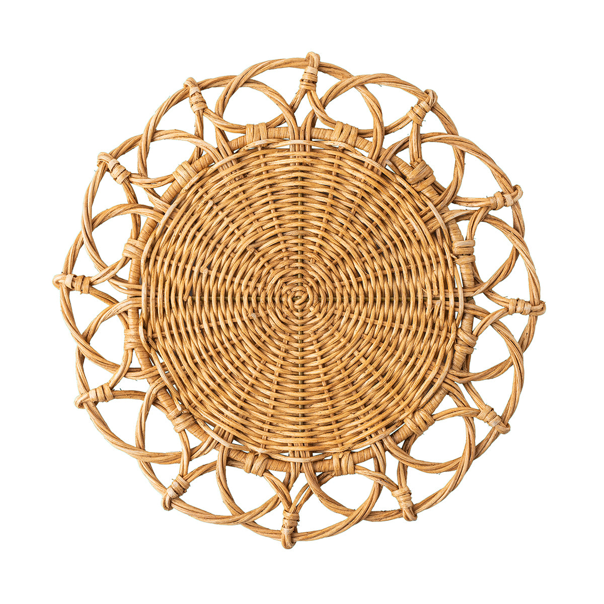 Top view of Provence Rattan Natural Placemat showcasing hand-woven rattan and looped edge on white background