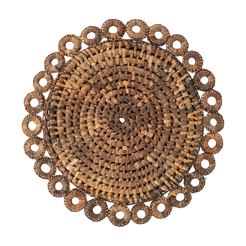 Top view of Rustic Ring Natural Placemat showcasing concentric woven Bacbac rings and looped border on a white background