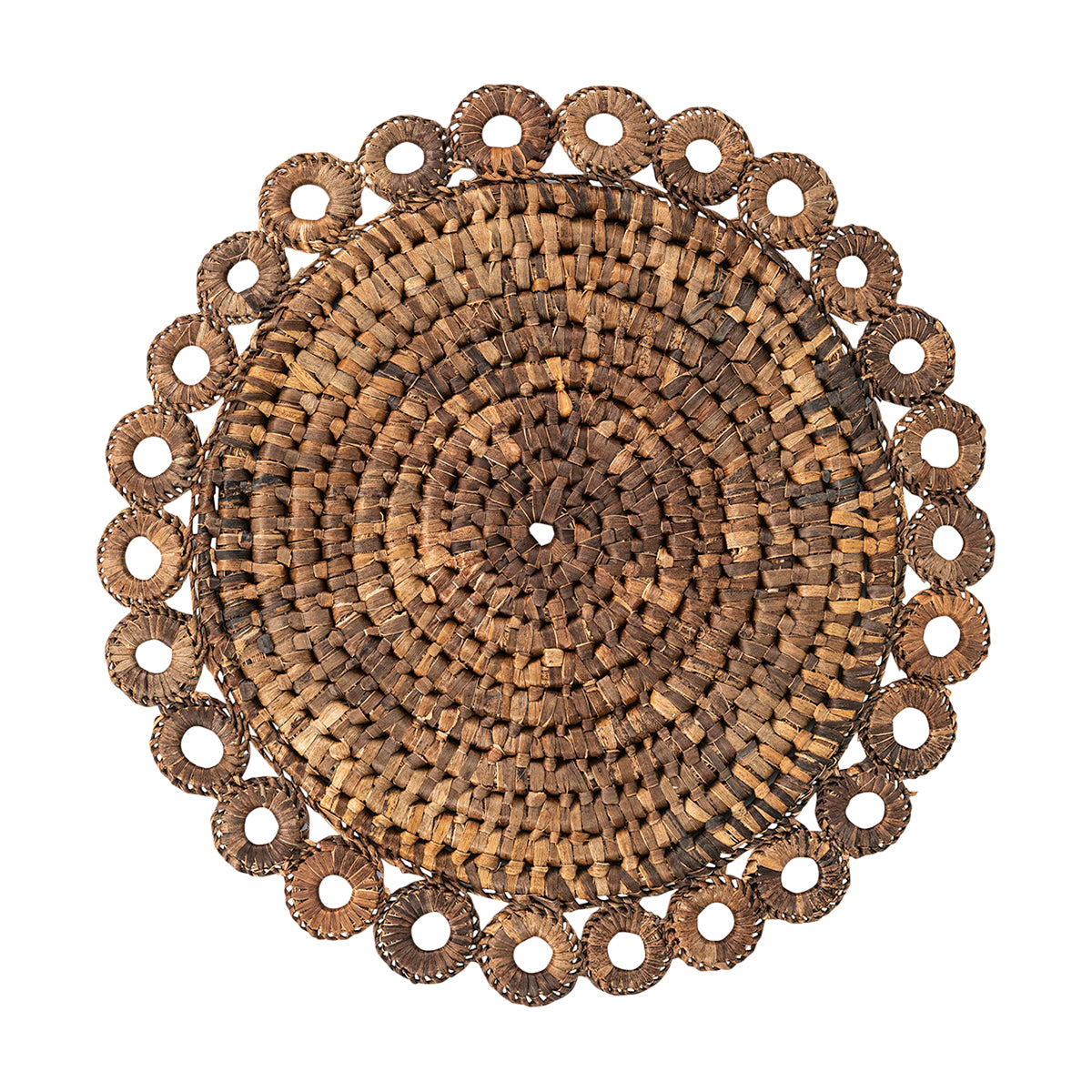 Top view of Rustic Ring Natural Placemat showcasing concentric woven Bacbac rings and looped border on a white background