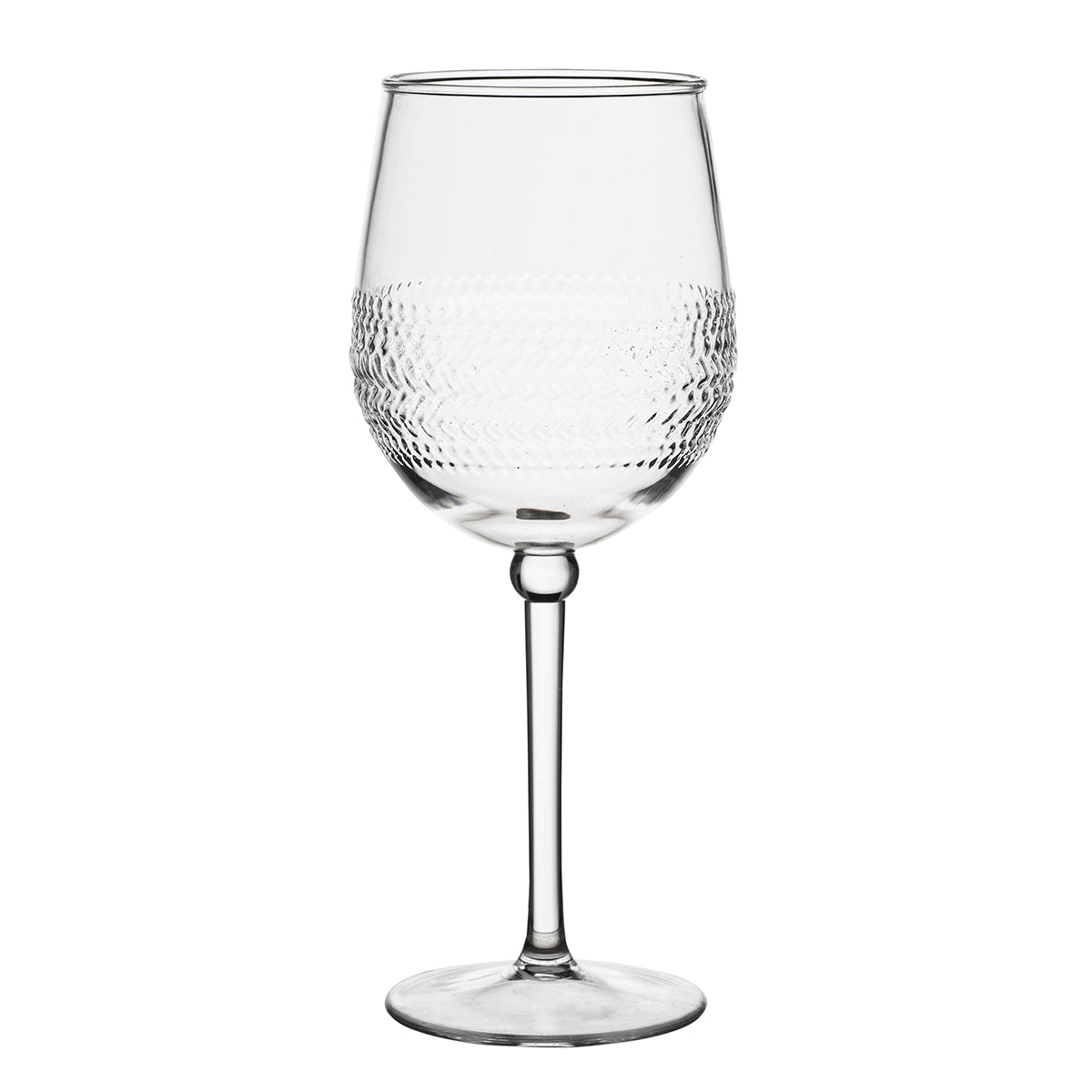 Front view of Le Panier Clear Acrylic Wine Glass showcasing textured basket-weave bowl and long stem with white background