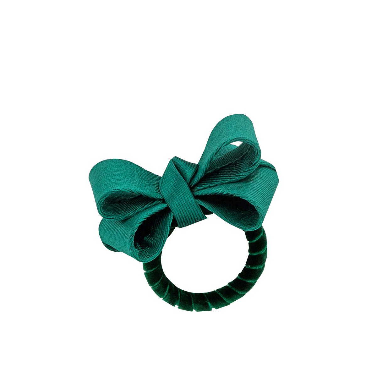 Angled view of Tuxedo Evergreen Napkin Ring showcasing a hand-sewn evergreen velvet bow and ribbon ring with a white background