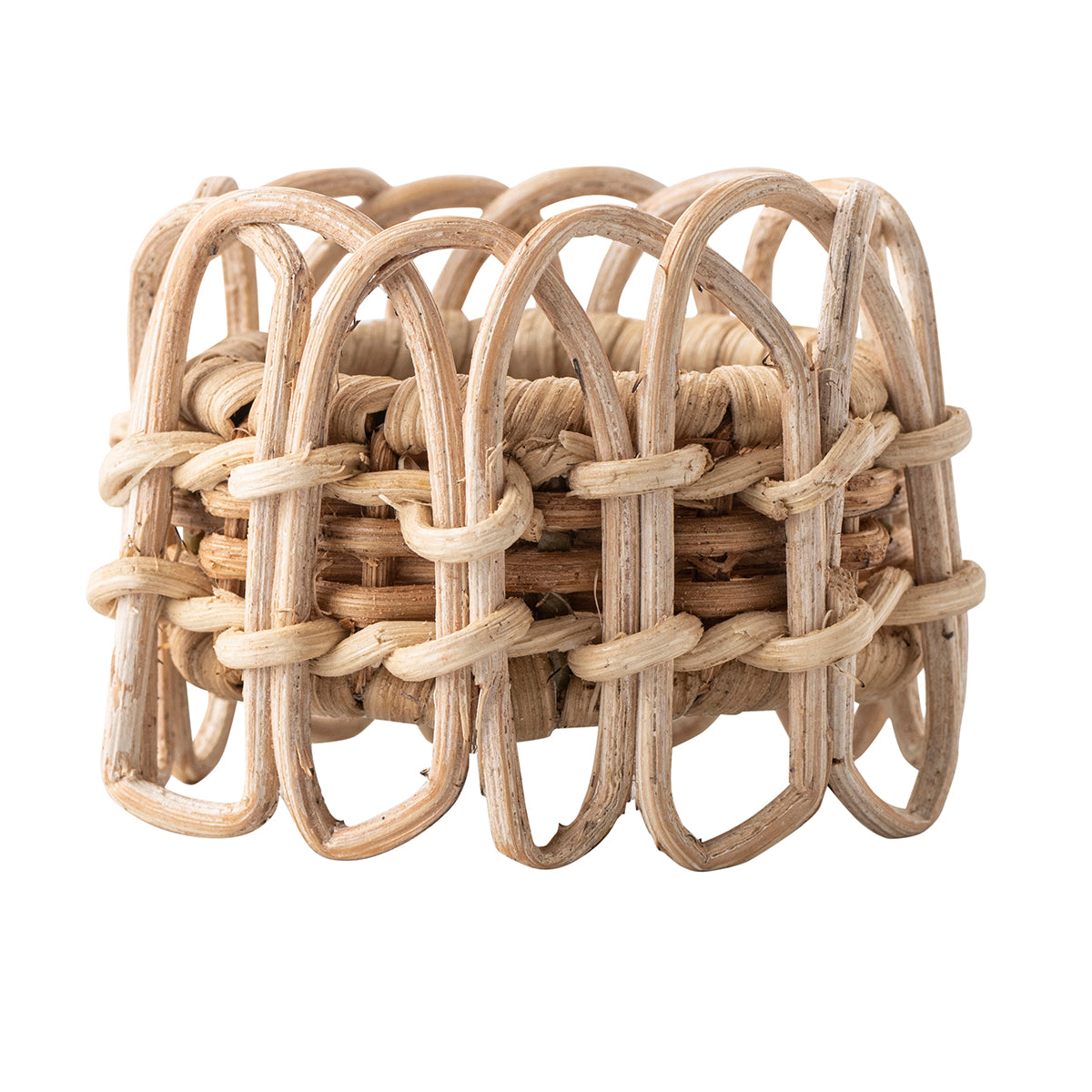 Front view of Provence Rattan Whitewash Napkin Ring showcasing hand-woven natural rattan with a white background