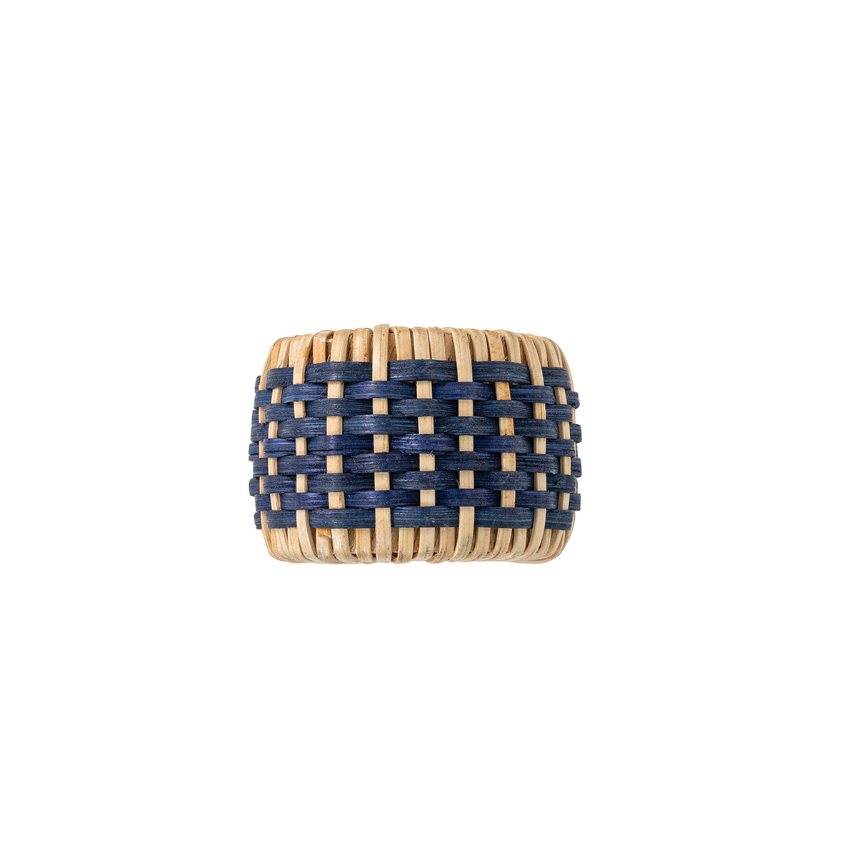 Front view of navy Juliska Woven Napkin Ring showcasing hand-woven rattan and black detailing on white background