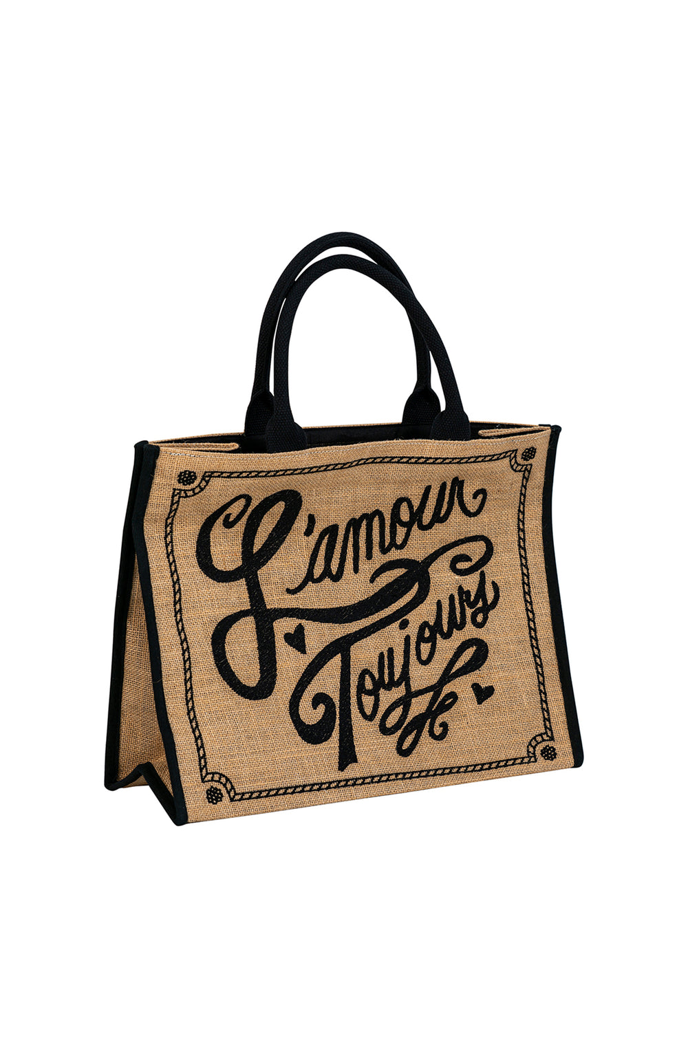 Front view of L’Amour Toujours burlap tote with black hand-lettered script, black handles and flat bottom on white background
