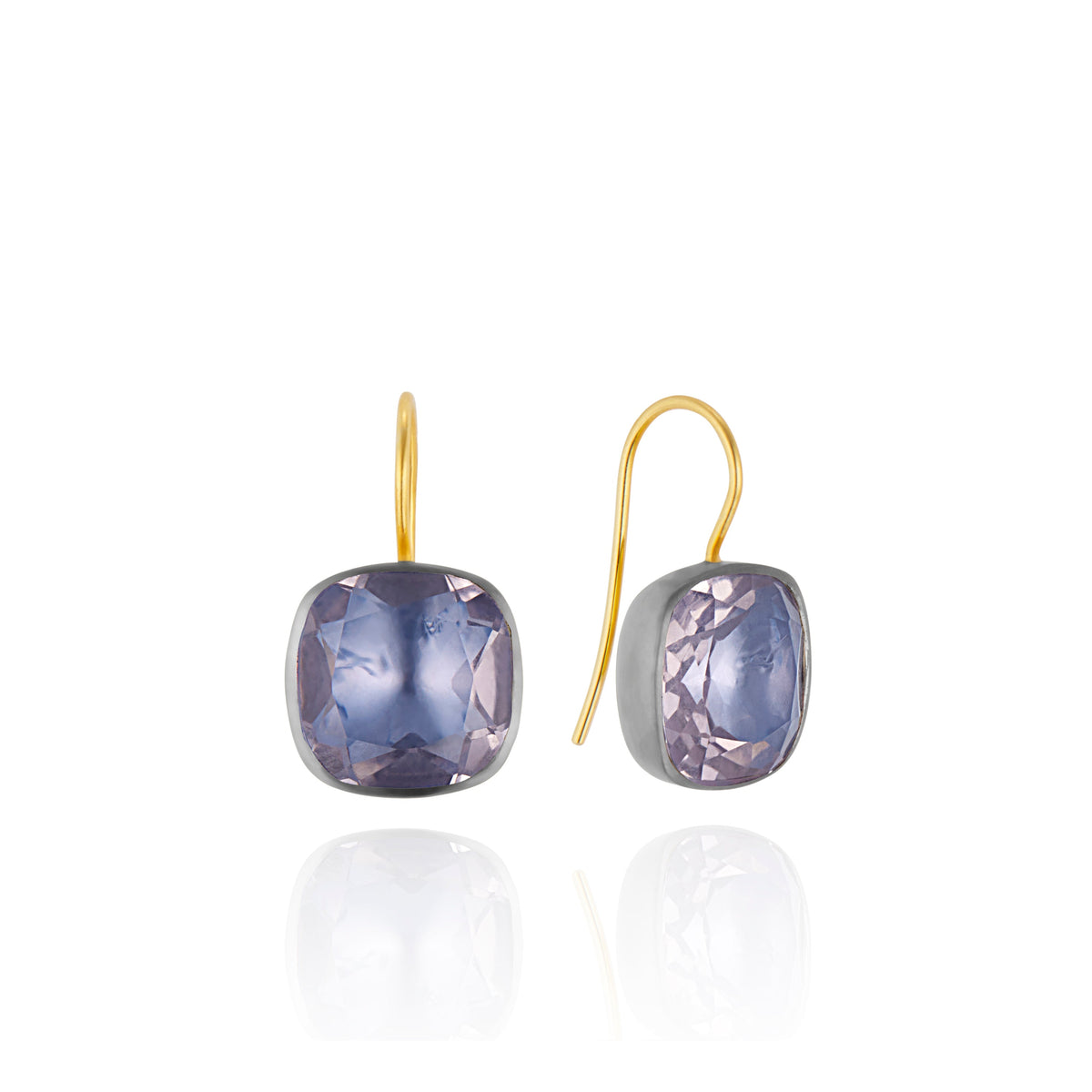 Close-up view of Luzia Button Earrings in Lavender Moon Quartz showcasing foiled cushion-cut stones on 14K gold ear wires